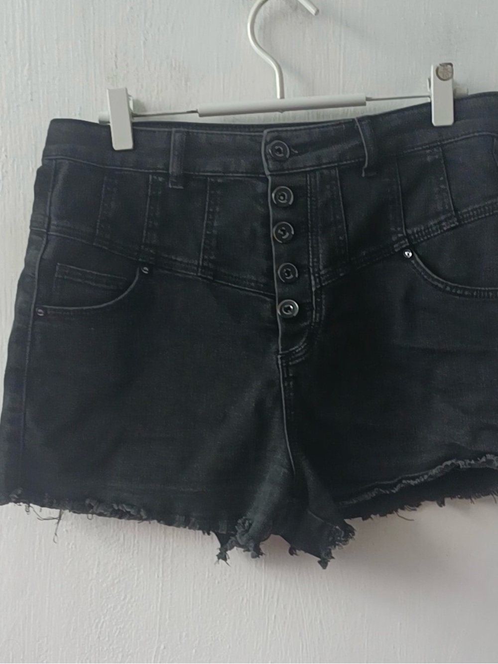 High-Rise Button-Front Black Denim Shorts